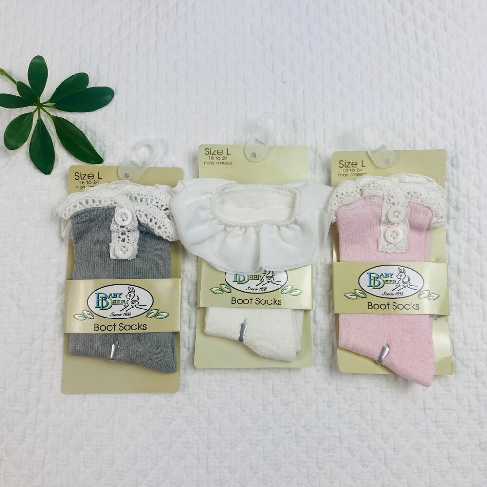NWT Baby Deer Ivory Pink Gray Boot Socks Lace Buttons Bundle of 3 Large